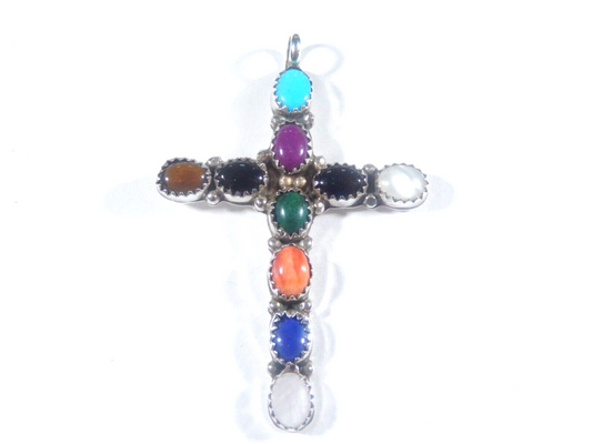 *VINTAGE*   Large Sterling Silver Handmade Multi Gemstone Cross Pendant