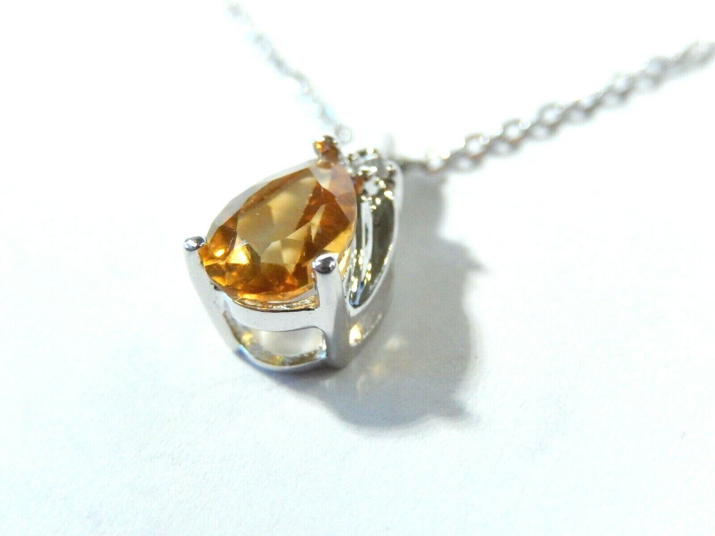 *NWT* 14k White Gold 1.00 CT Pear Citrine And Diamond Pendant with 18" Chain