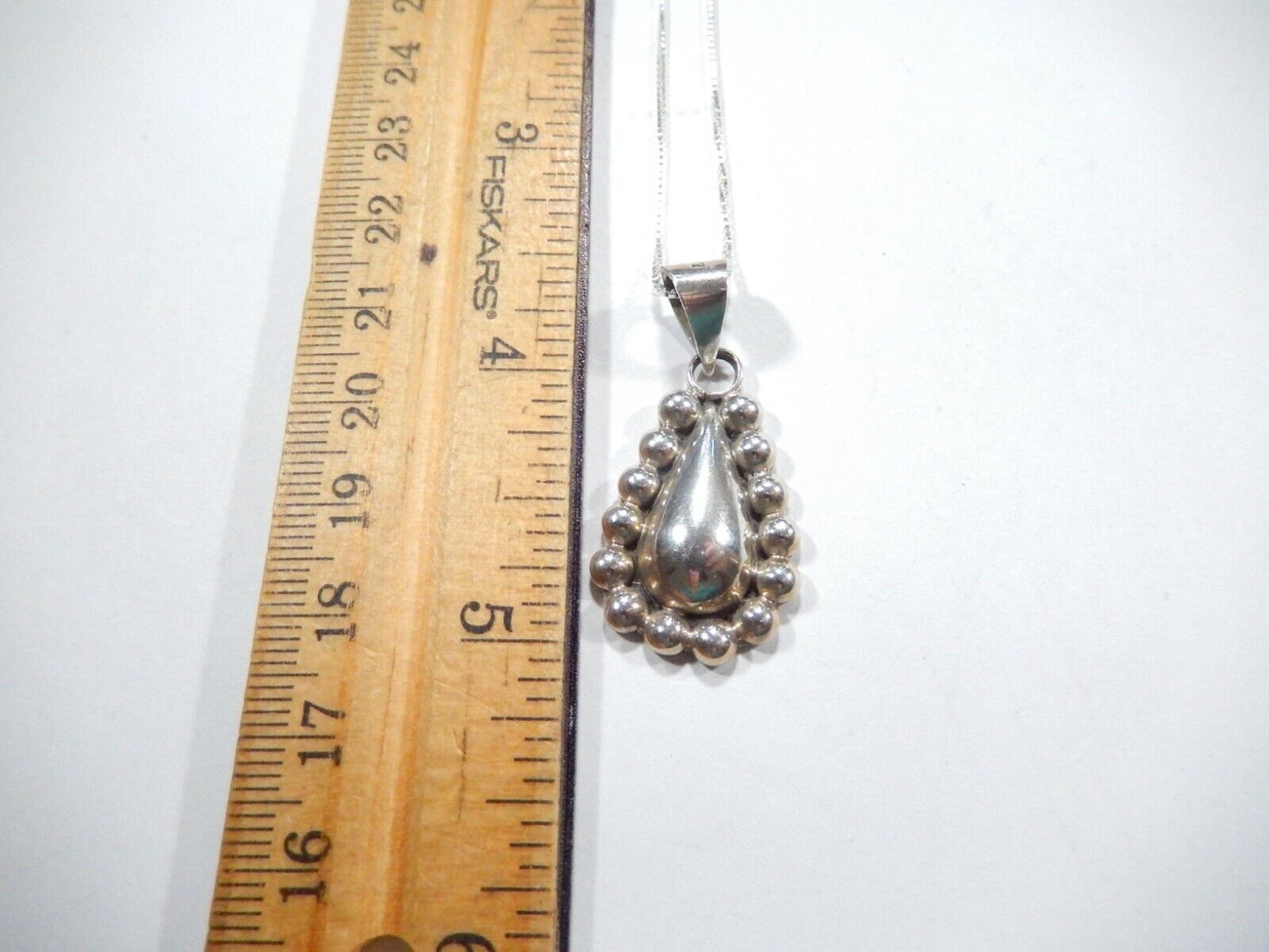 *VINTAGE*  Sterling Silver Mexico Beaded Tear Drop Pendant w/18" Box Chain