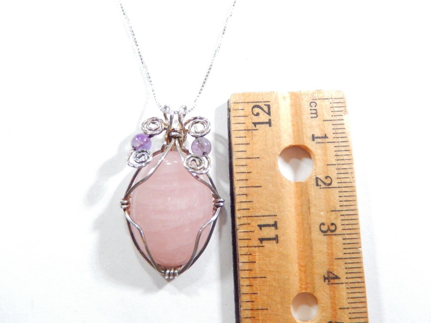 VINTAGE Pink Amethyst Stone Wrapped In Sterling Silver Wire  Necklace w/18"chain