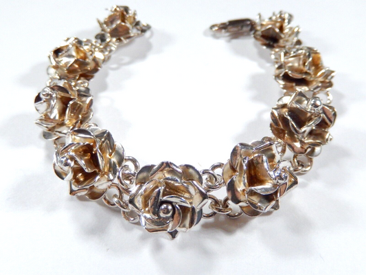 ~VINTAGE~ Taxco Sterling Silver 3D Rose Bracelet Marked TC-18 925 Mexico 7"