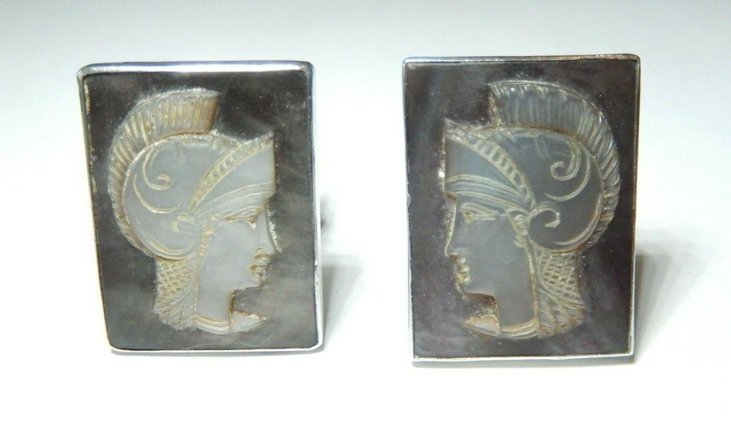 *VINTAGE*   Sterling Silver Mother of Pearl Roman Soldier Cufflinks