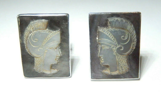*VINTAGE*   Sterling Silver Mother of Pearl Roman Soldier Cufflinks