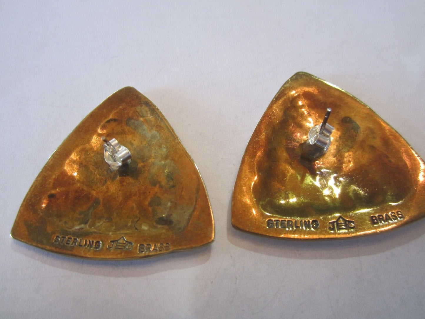 NICE RETIRED JEEP COLLINS Large SterlingSilver HAMMERED BRASS TRIANGLE EARRINGS