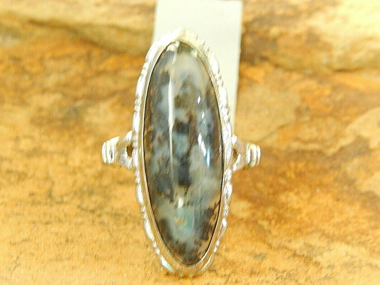 *Vintage*  Uncas Art Deco Style Sterling Silver Black/Grey Long Gemstone Ring 5