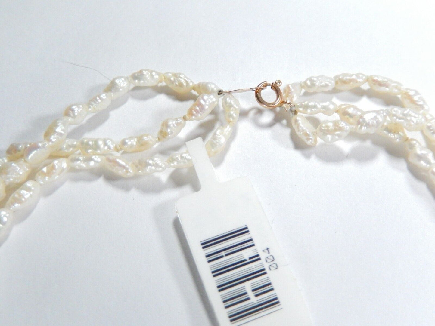 VINTAGE  16"  Genuine Rice Pearl and Gold Ball Three Strand Necklace w/14K Clasp