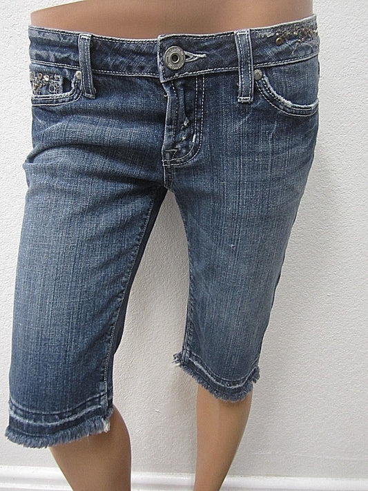 NICE MISS ME Cropped Capri Medium Blue Fringe Hems Size W27 x L12