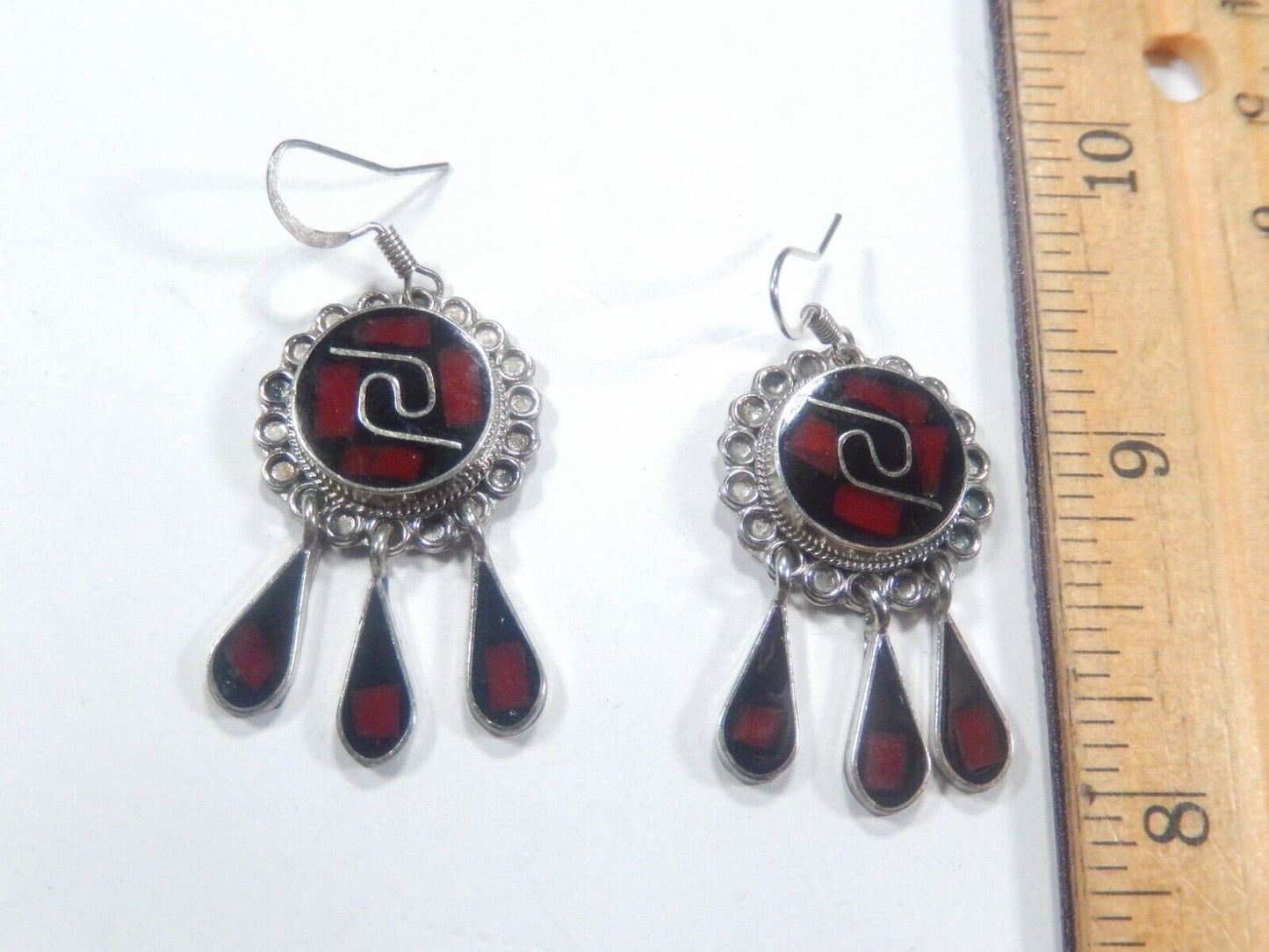 *VINTAGE*  Mexico Alpaca Silver Inlay Native Dangle Drop Earrings