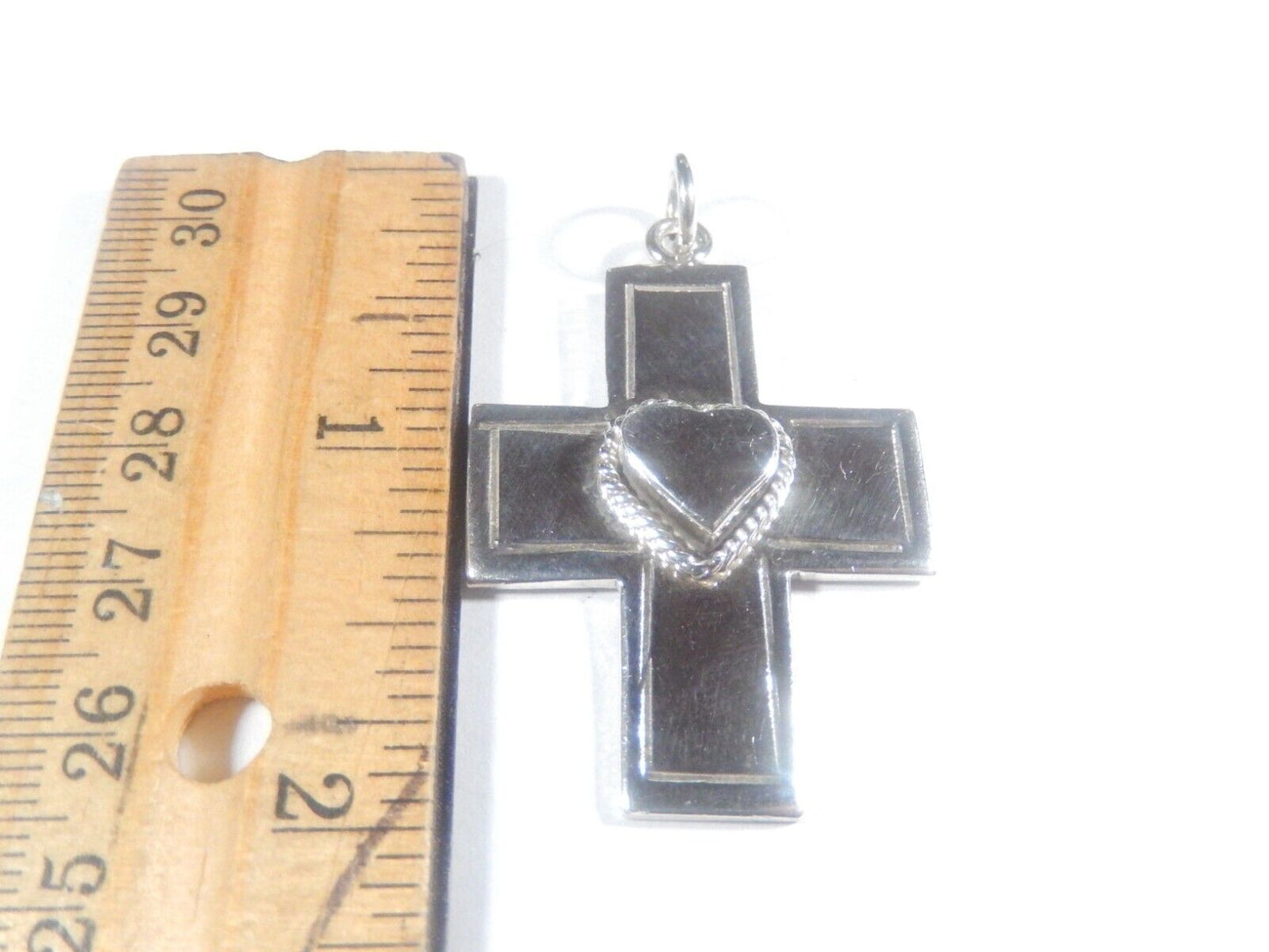 *VINTAGE*  Taxco 925 Sterling Silver Lined Heart Cross Pendant Mexico TB-45