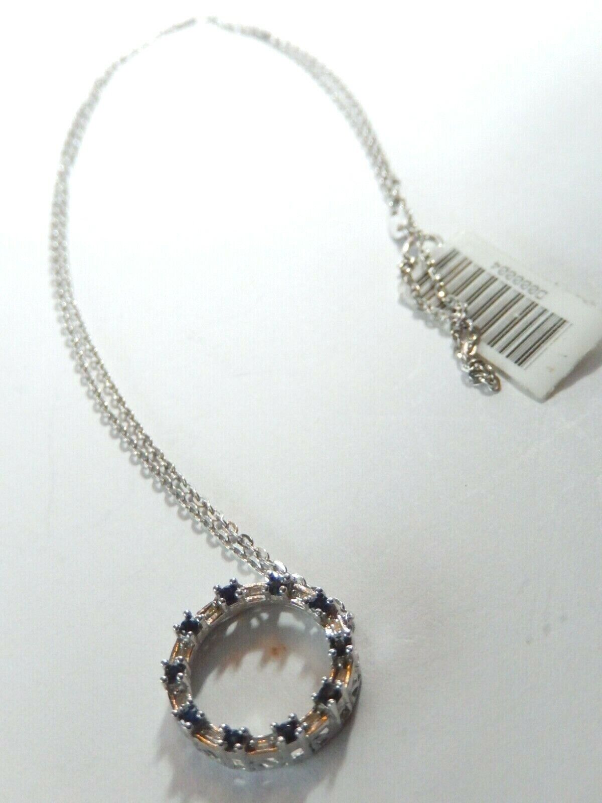 *NWT*  10K White Gold Sapphire & Natural Baguette Diamond Circle Pendant w/18"Ch