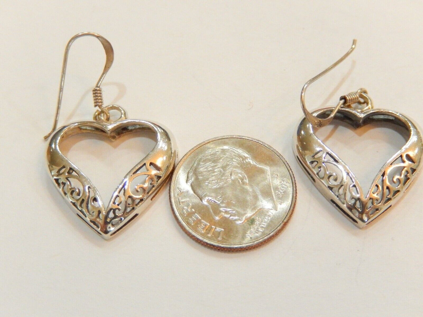 Sterling Silver  Filigree Heart Dangle Earrings 7/8" x 3/4"