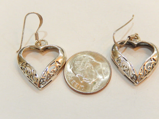 Sterling Silver  Filigree Heart Dangle Earrings 7/8" x 3/4"