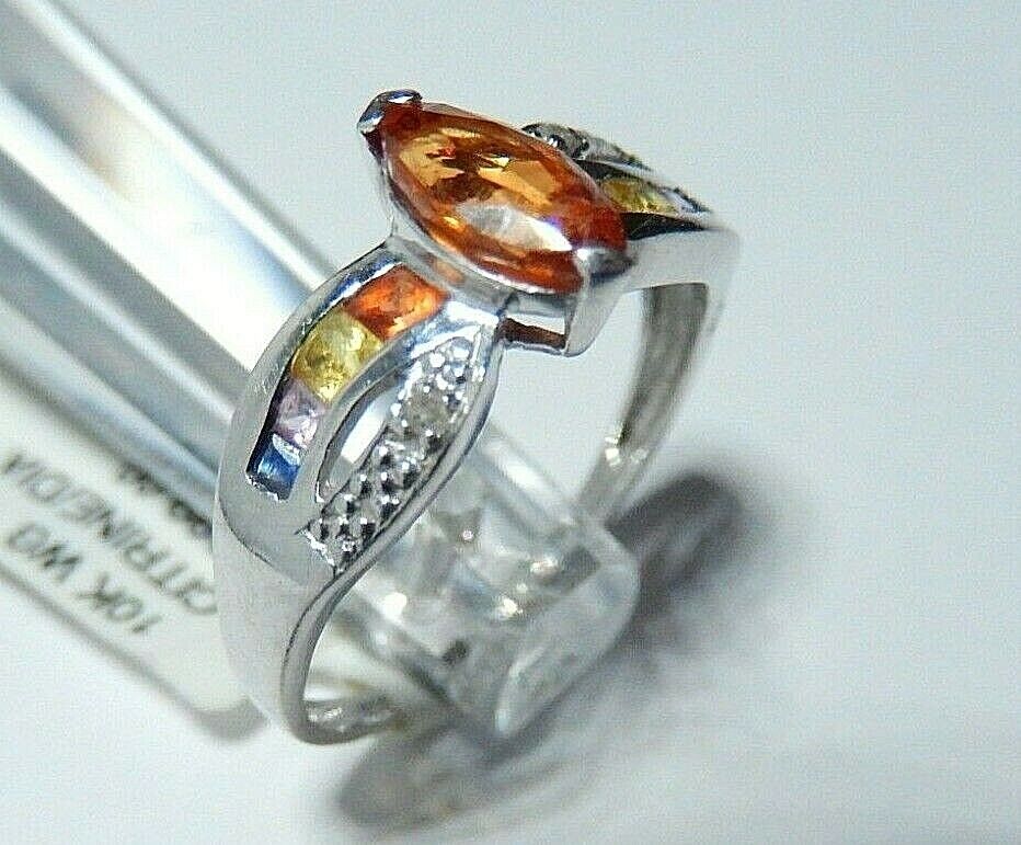 VINTAGE* 10K WHITE GOLD .50CT MADEIRA CITRINE & GEMSTONE WOMENS RING BAND Sz 7.5