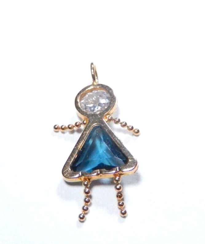 14K Gold Girl Baby Charm Pendant Blue Topaz Birthstone Baby 1" Tall
