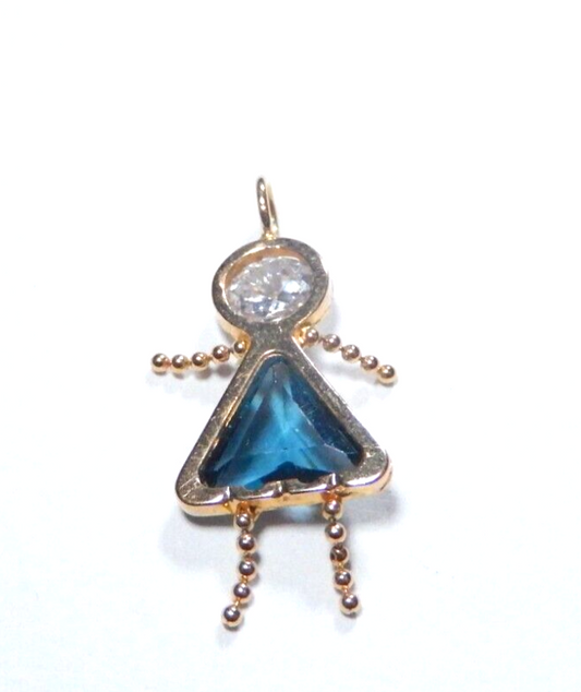 14K Gold Girl Baby Charm Pendant Blue Topaz Birthstone Baby 1" Tall
