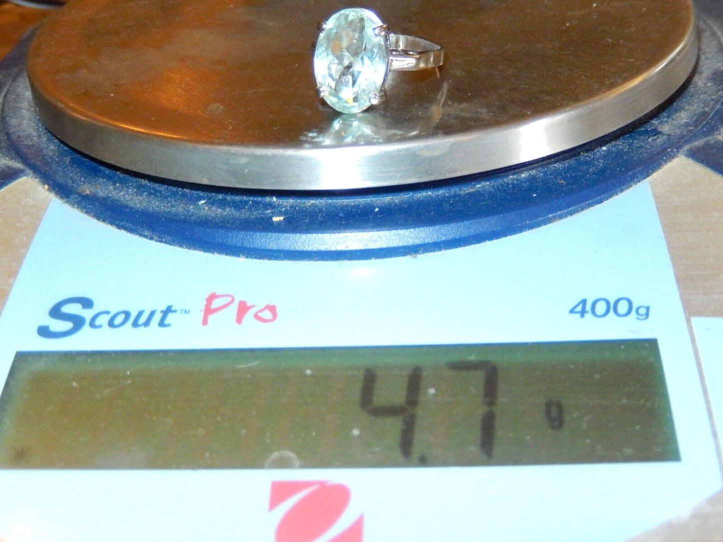 VINTAGE* Sterling Silver 9.00 CT BLUE TOPAZ OVAL FANCY CUT SOLITAIRE Ring Sz7.75