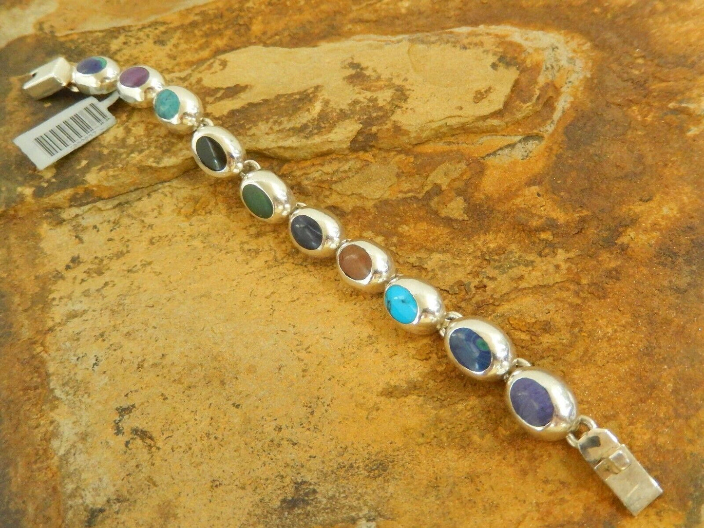 Vintage MEXICO TAXCO 950 Sterling Silver Bracelet Multi Gem Link Bracelet 7"