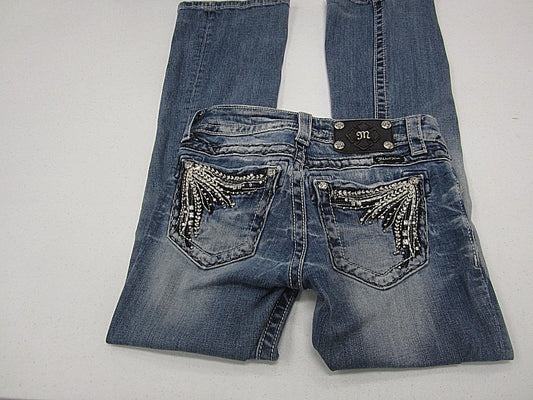 SUPER NICE Miss Me Feather/Crystals  Boot Cut Medium Wash Jeans Size W25 x L29