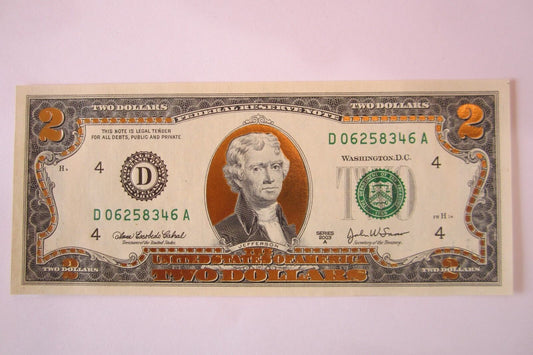22 K GOLD LEAF- 2 DOLLAR BILL-  COLLECTOR  LEGAL NOTE- D06258346A