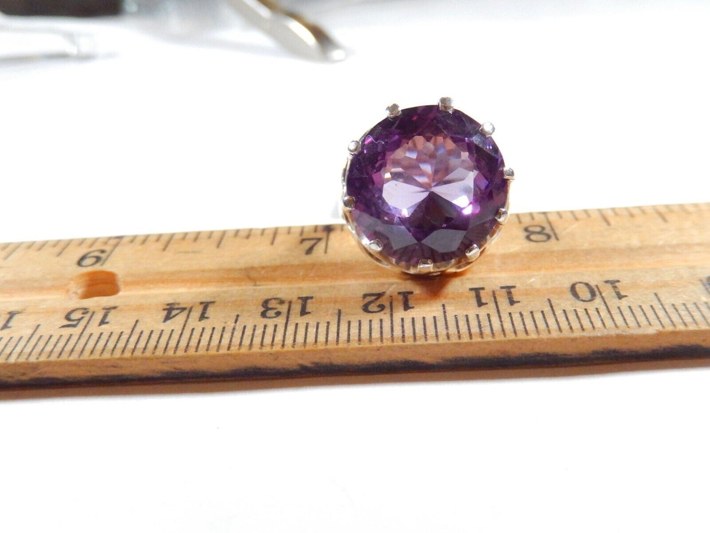 *VINTAGE* Sterling Round 12.00 Ct 15mm Faceted Amethyst Huge Ring SZ 5.25