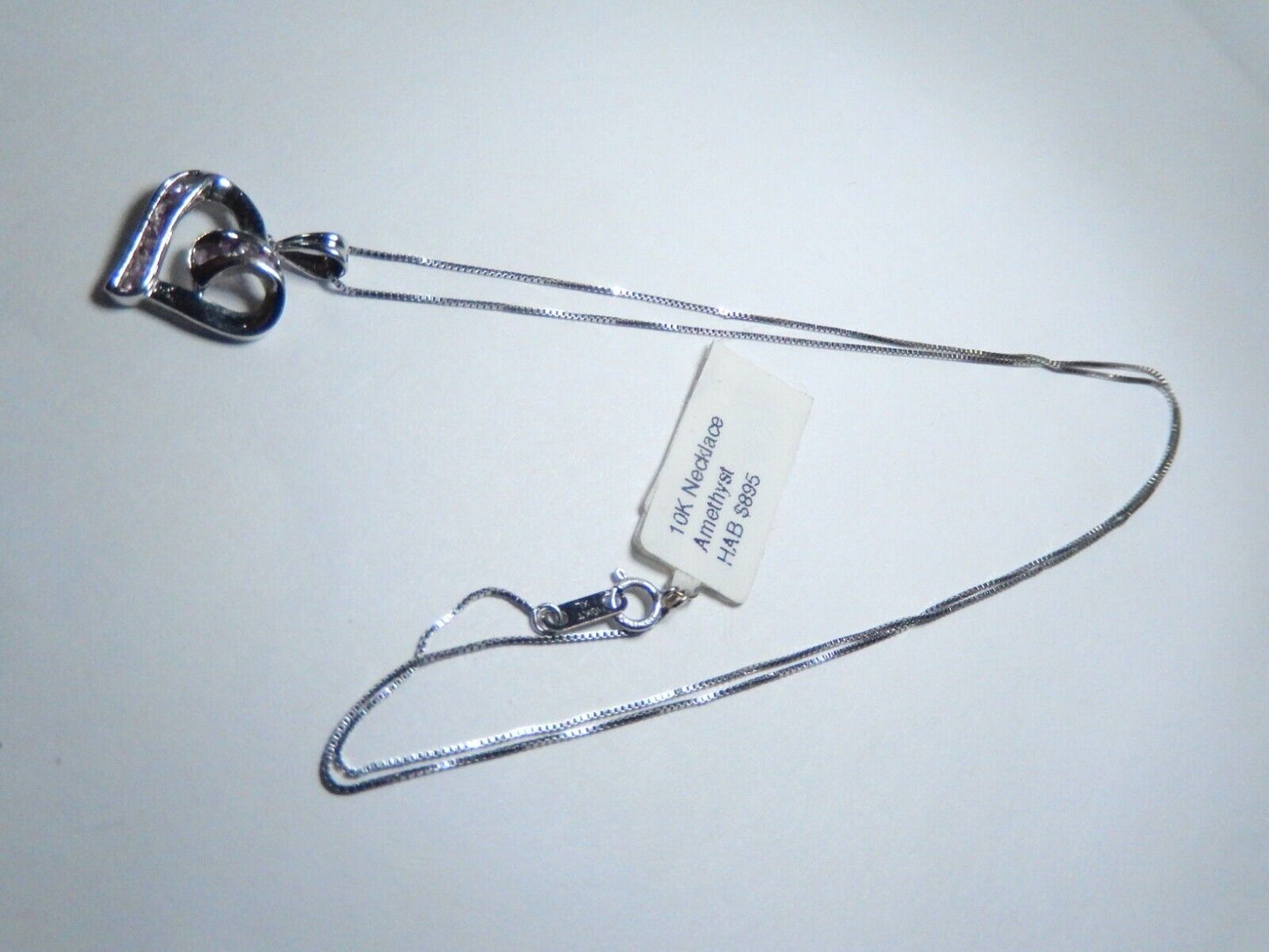 10k White Gold Round Cut Purple Amethyst  Heart Pendant w/10k Chain 18"