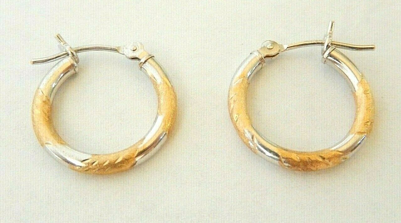 14K White & Yellow Gold Hoop Earrings Diamond Cut Two Tone Round Hoops 15mm
