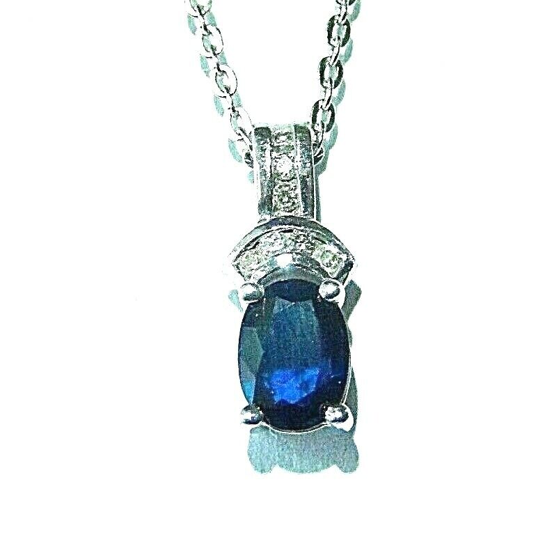 14k White Gold Natural Blue Sapphire & Diamond Pendant Necklace with 18" Chain