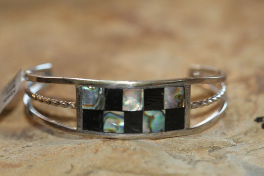 *VINTAGE*   MEXICO STERLING SILVER BLACK ONYX & ABALONE  CUFF BRACELET