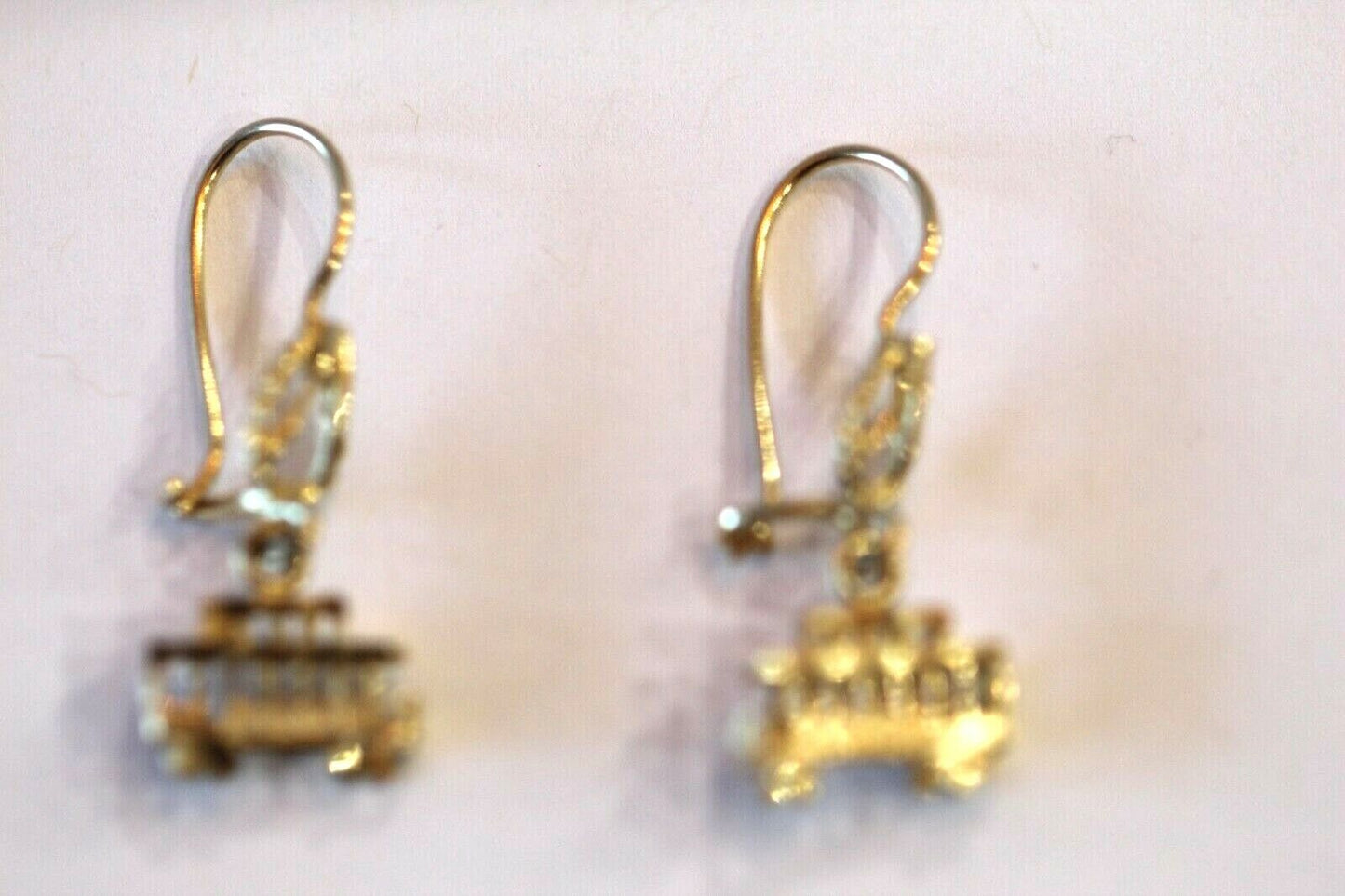 14KT Yellow Gold Unique 3 D  Trolley Car Dangle Drop Earrings 1 1/8"  x  1/2"