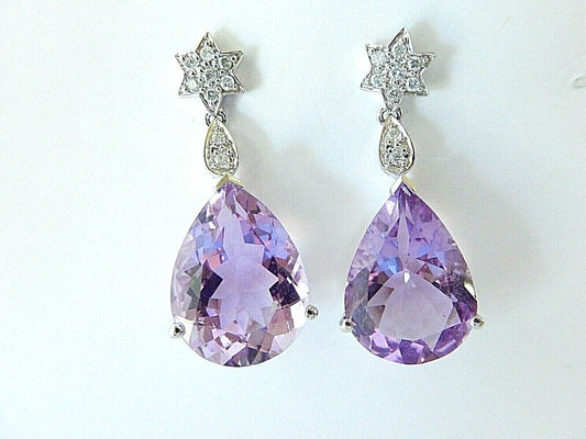 *NWT* - HUGE -14K WHITE GOLD  46.00 CT AMETHYST & DIAMOND LUXURY DANGLE EARRINGS