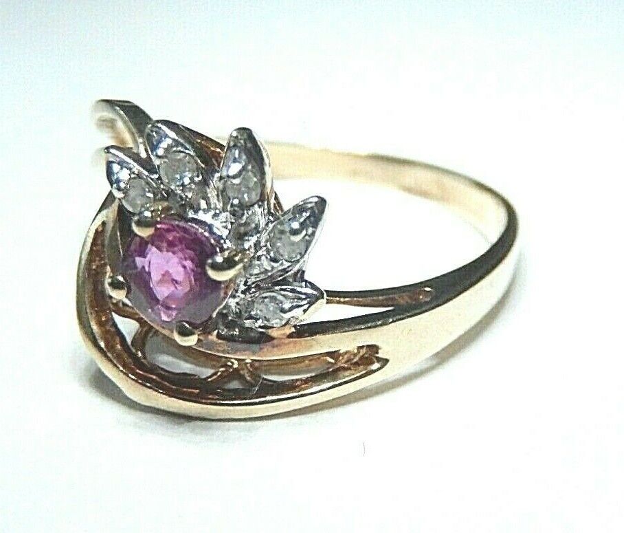 *VINTAGE*  10K Yellow Gold Amethyst & Diamond Ring Size 7.5