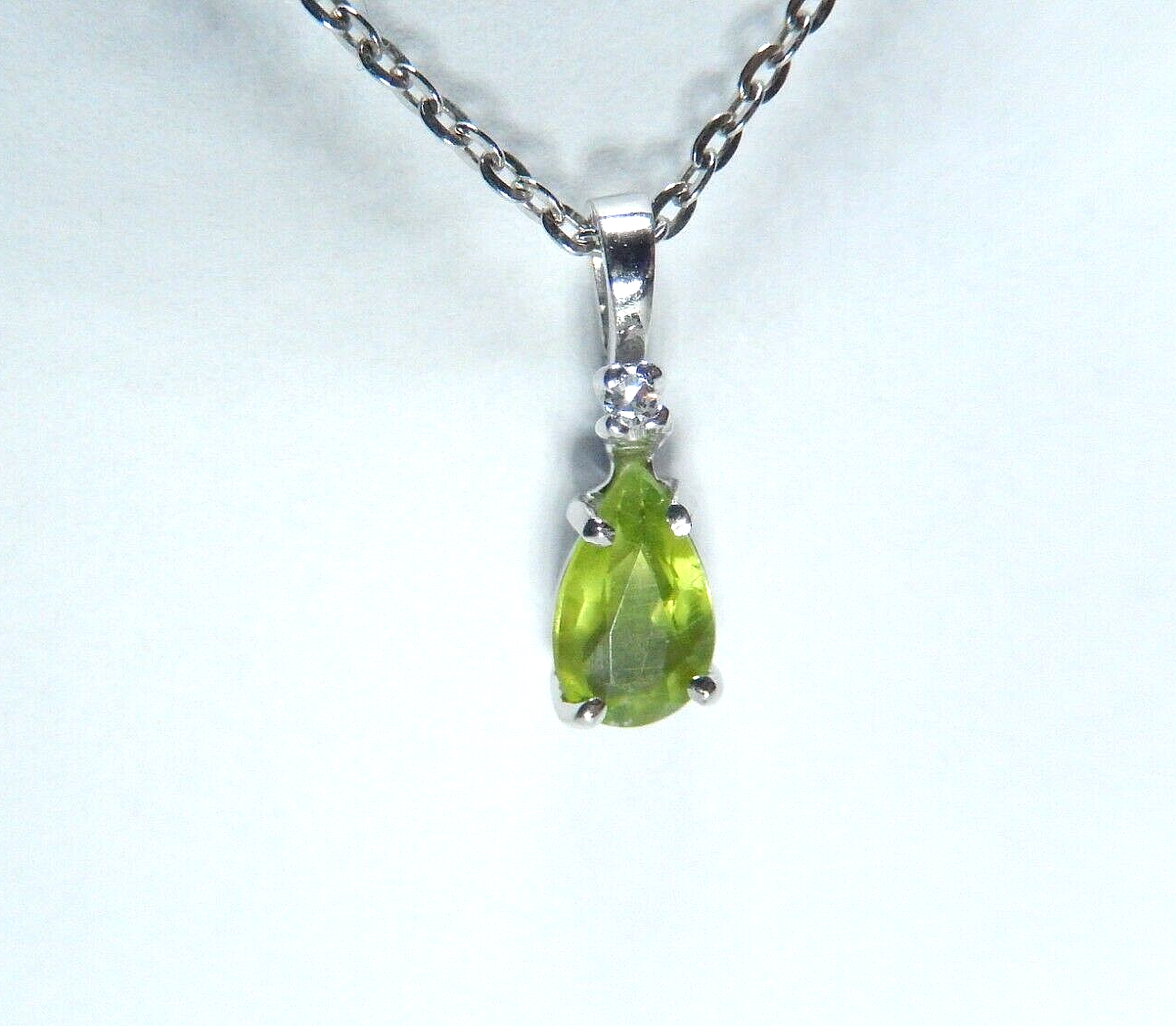 10K White Gold Peridot and Diamond Pendant with 18" Chain
