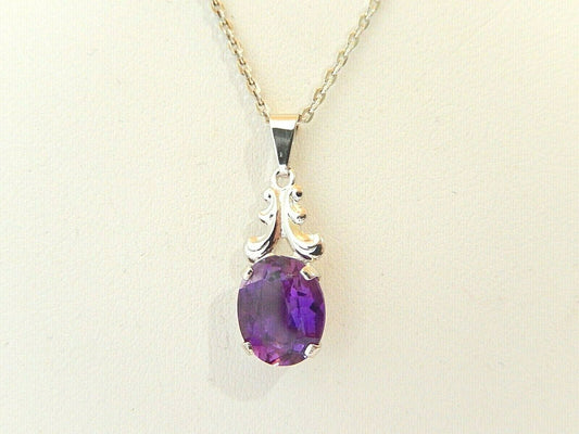 10k White Gold 3CT Oval Brazilian Amethyst Solitaire Pendant with 18" Necklace