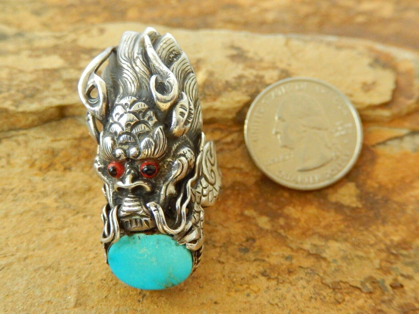 *VINTAGE* Large 1.75" Demon Devil Monster Sterling Silver Turquoise Ring Size 8