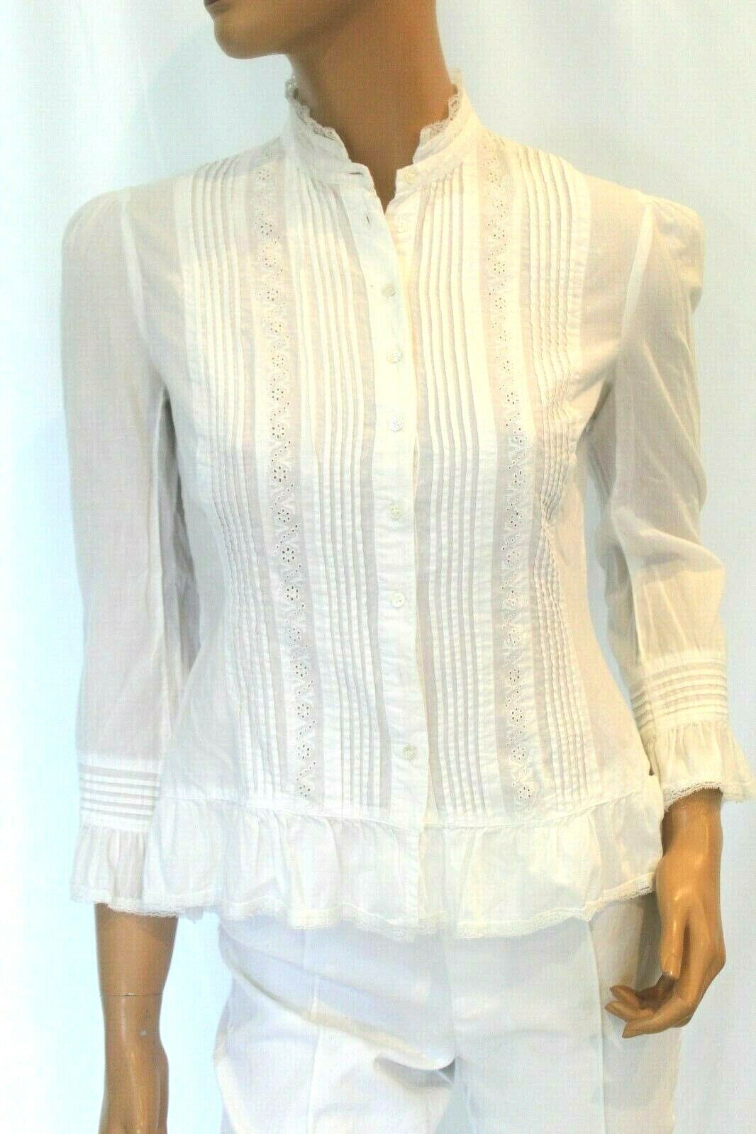 BCBG  White Pleated Front Button Down Ruffled Blouse Ruffled Sleeve "CUTE" Sz XS