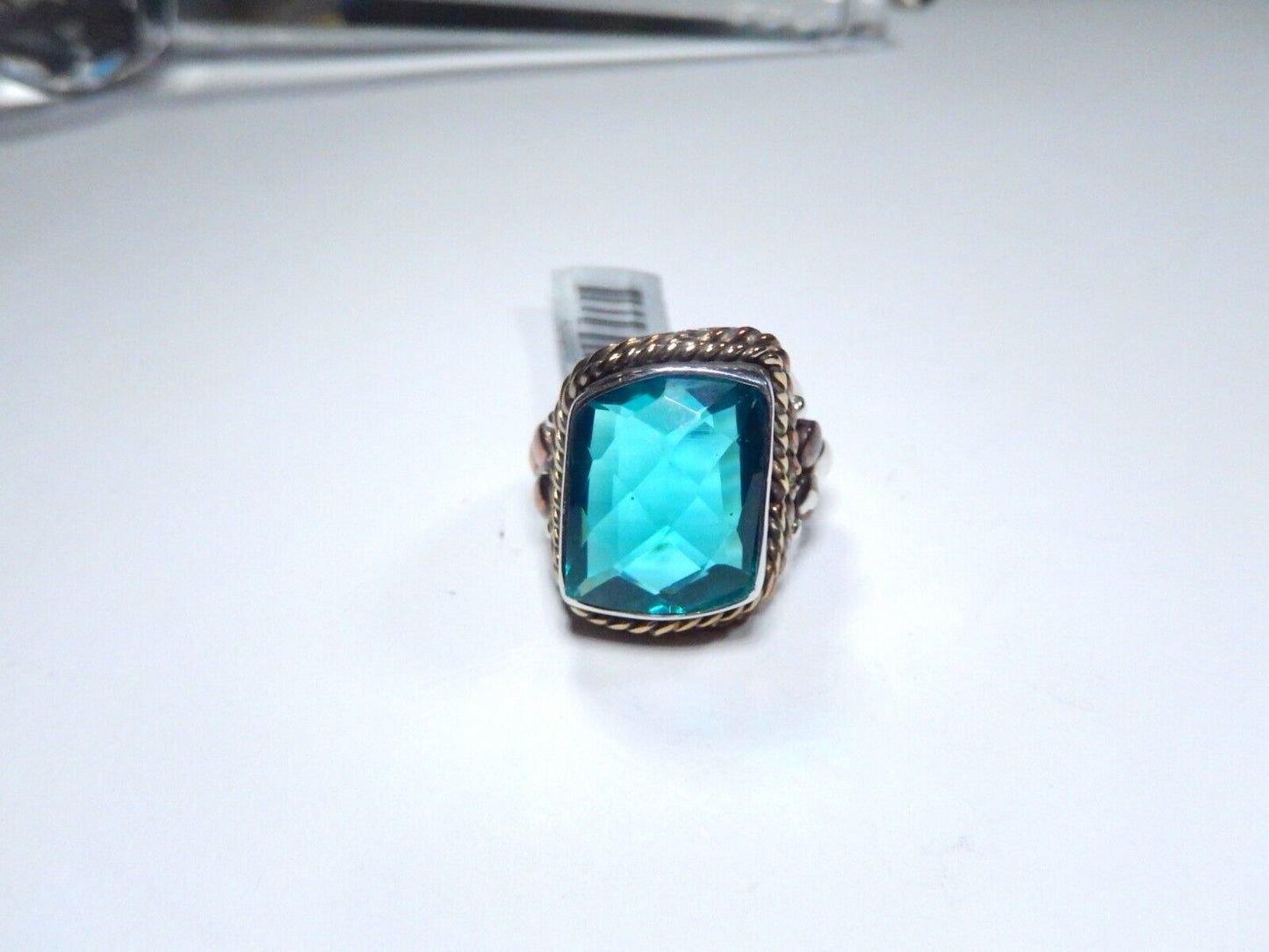 *VINTAGE Handmade Sterling Silver 13.0 CT Blue Topaz Bead & Rope Design Ring Sz7