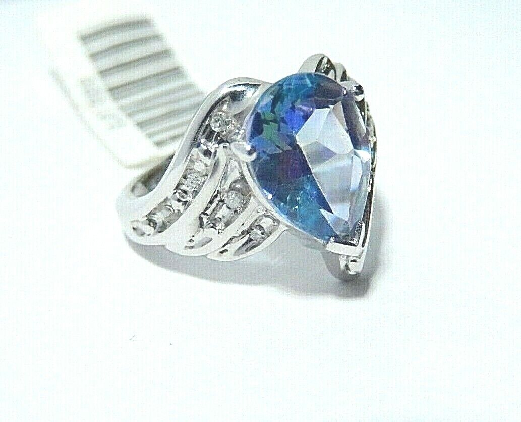 *NWT*  10K White Gold 2CT Pear Shape Mystic Topaz & Diamond Ring Size 3.25