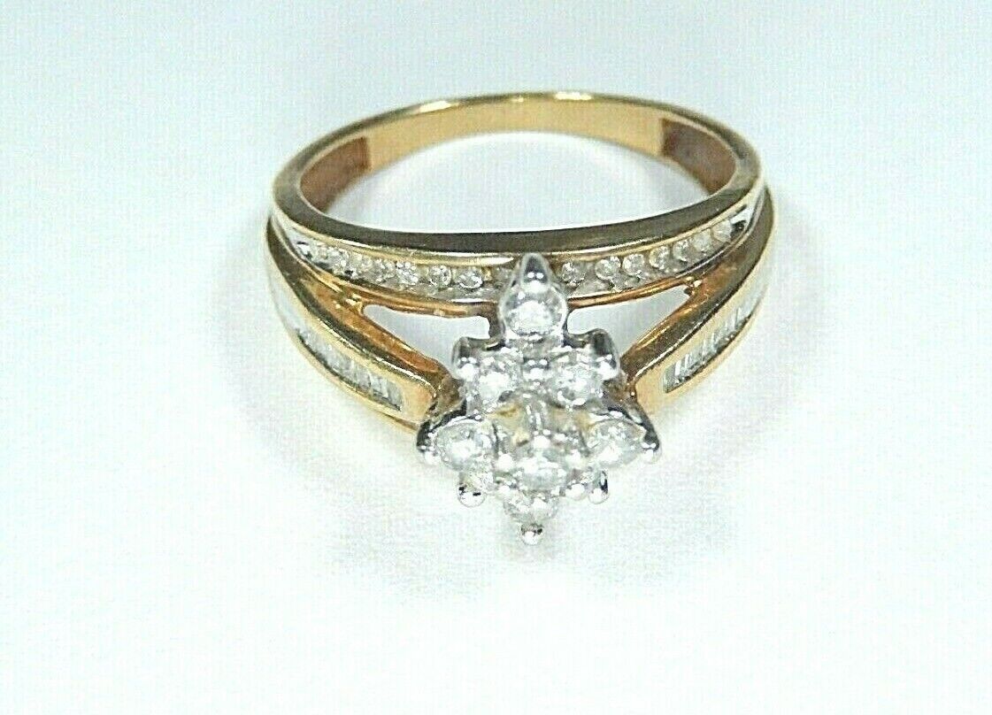 Stamped 10K  Round & Baguette Shape Stones Testing As Diamonds Ladies Ring