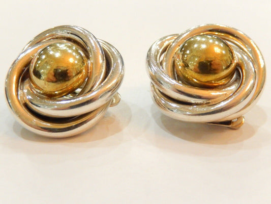 Vintage Taxco Mexico Sterling Silver 925 And Brass Circle Clip On Earrings
