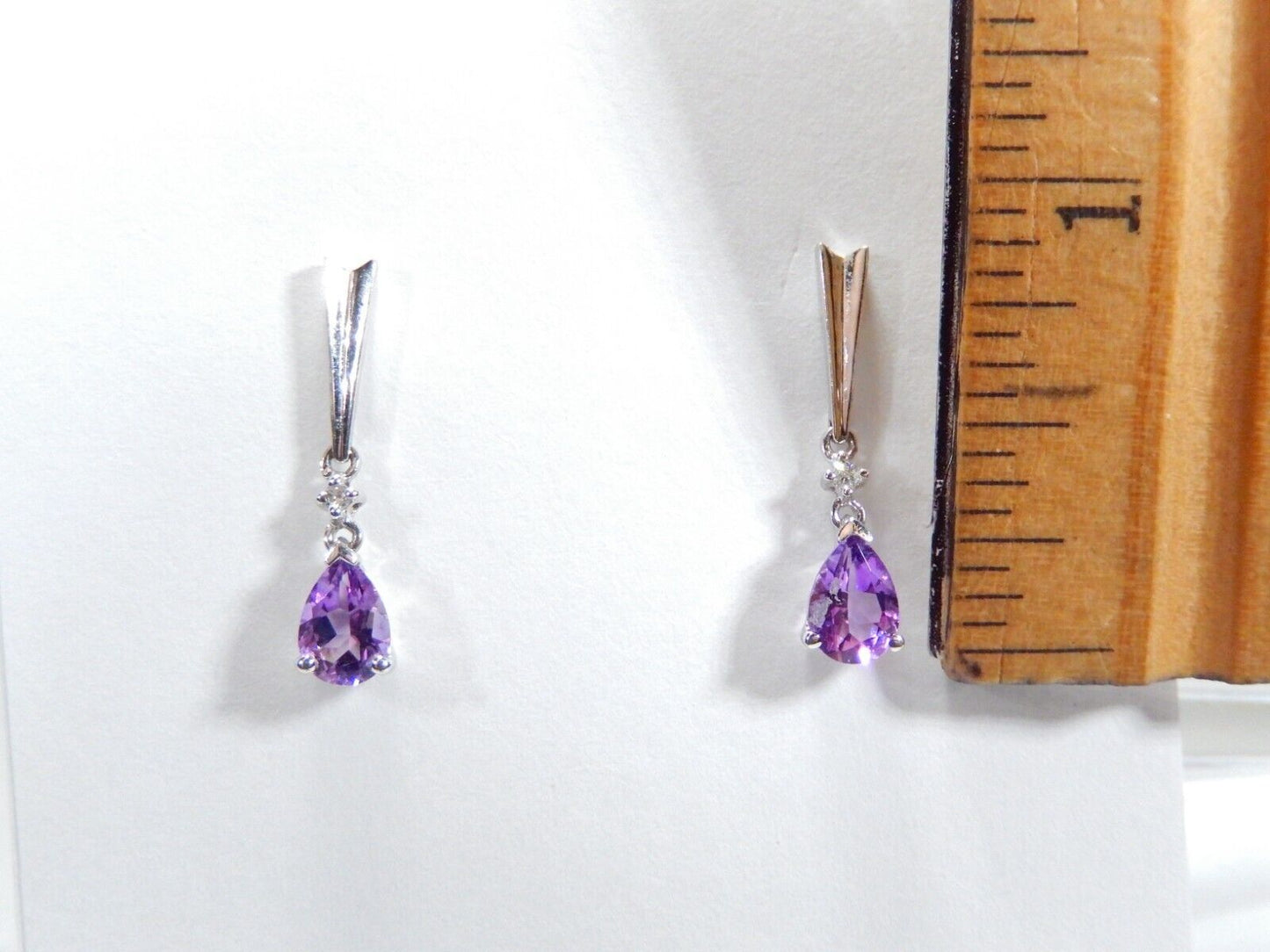 10k White Gold .75CT TW Diamond and Pear Shape Amethyst Dangle Earrings
