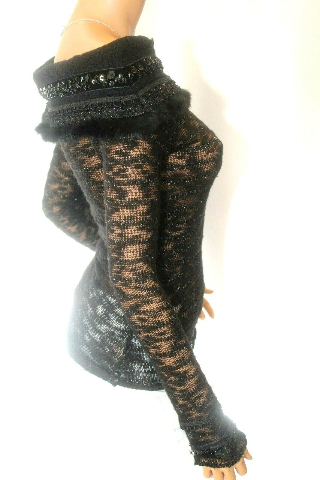 *NWT* Womens Buffalo David Bitton Bead Embellished Faux Fur See Thru Knit Top -M