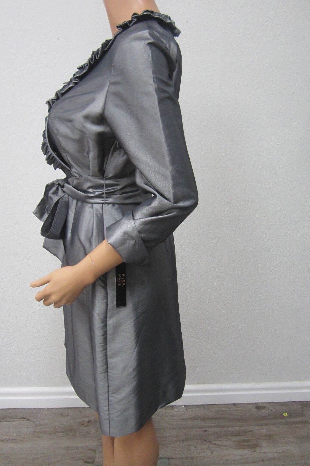 NWT Alex Marie Wanda Slate Gray Satin Shantung Ruffled Social Dress Size 6P