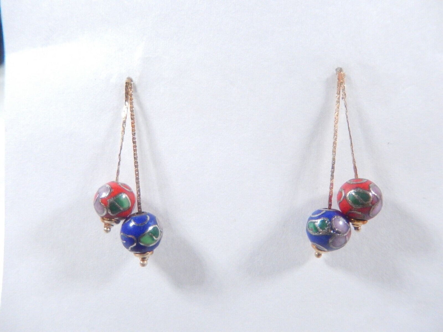 VTG 14Kt Gold Cloisonné Gemstone Inlaid Beads Dangling Earrings MCM Jacmel Mauri