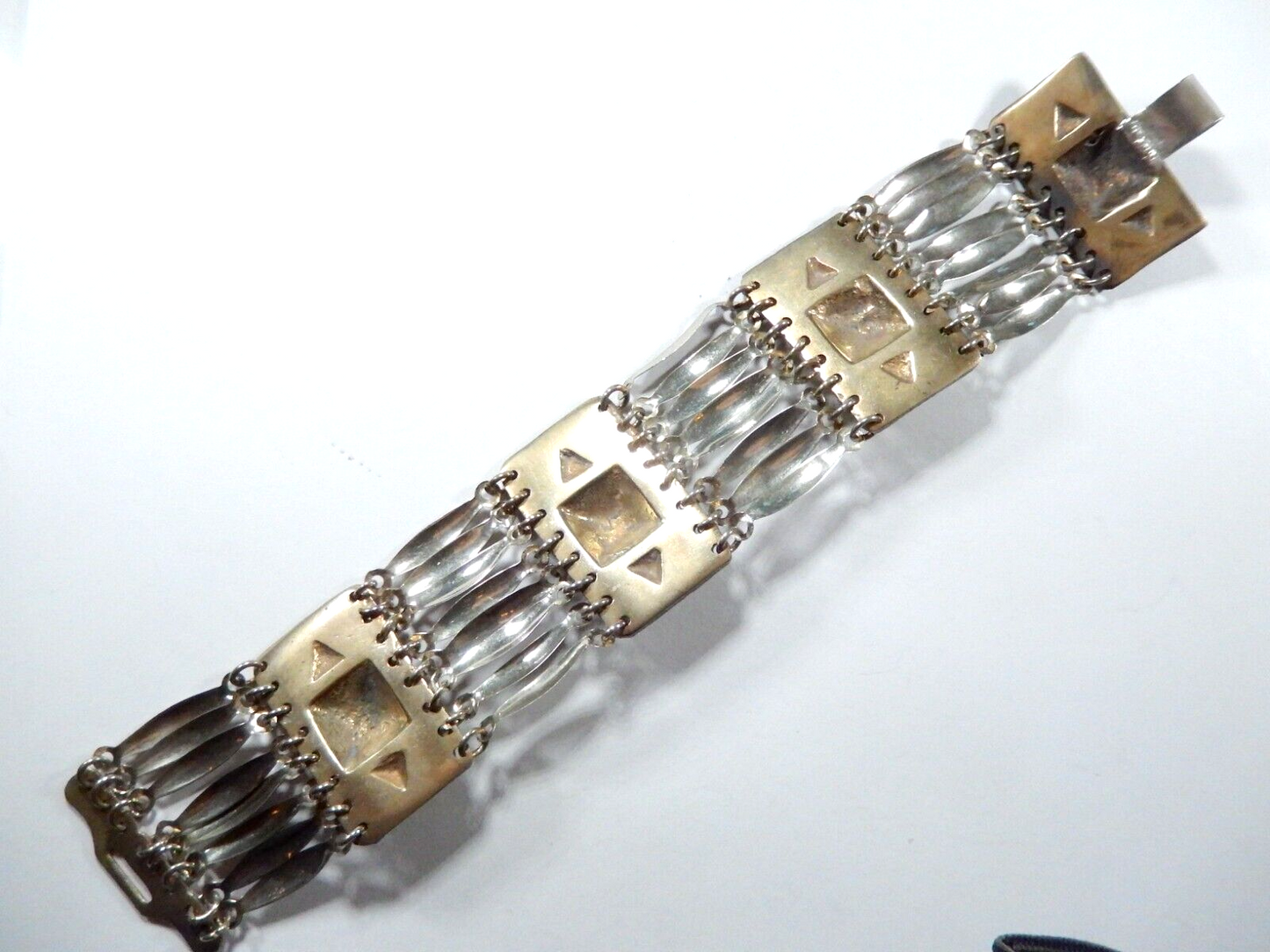 *VINTAGE*  BRASS & SILVER REPOUSSÉ PANEL LINK MEXICO BRACELET 1-3/8" x 7.5"
