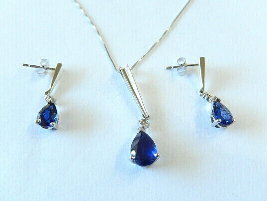 10K White Gold  Blue Sapphire w/ Diamonds, Earrings & Pendant Set w/14k 18 Chain