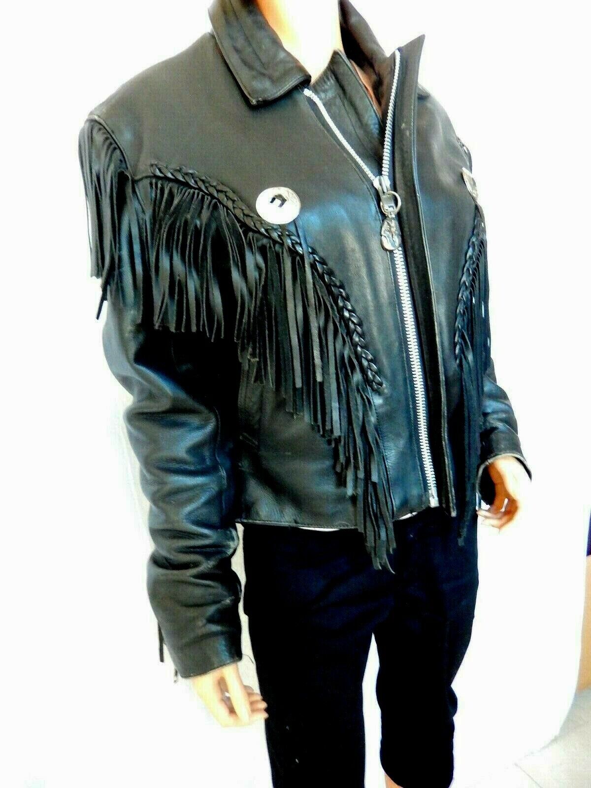 *VINTAGE* Mens Biker Motorcycle Black Heavy Leather Insulated Fringe Jacket Sz S
