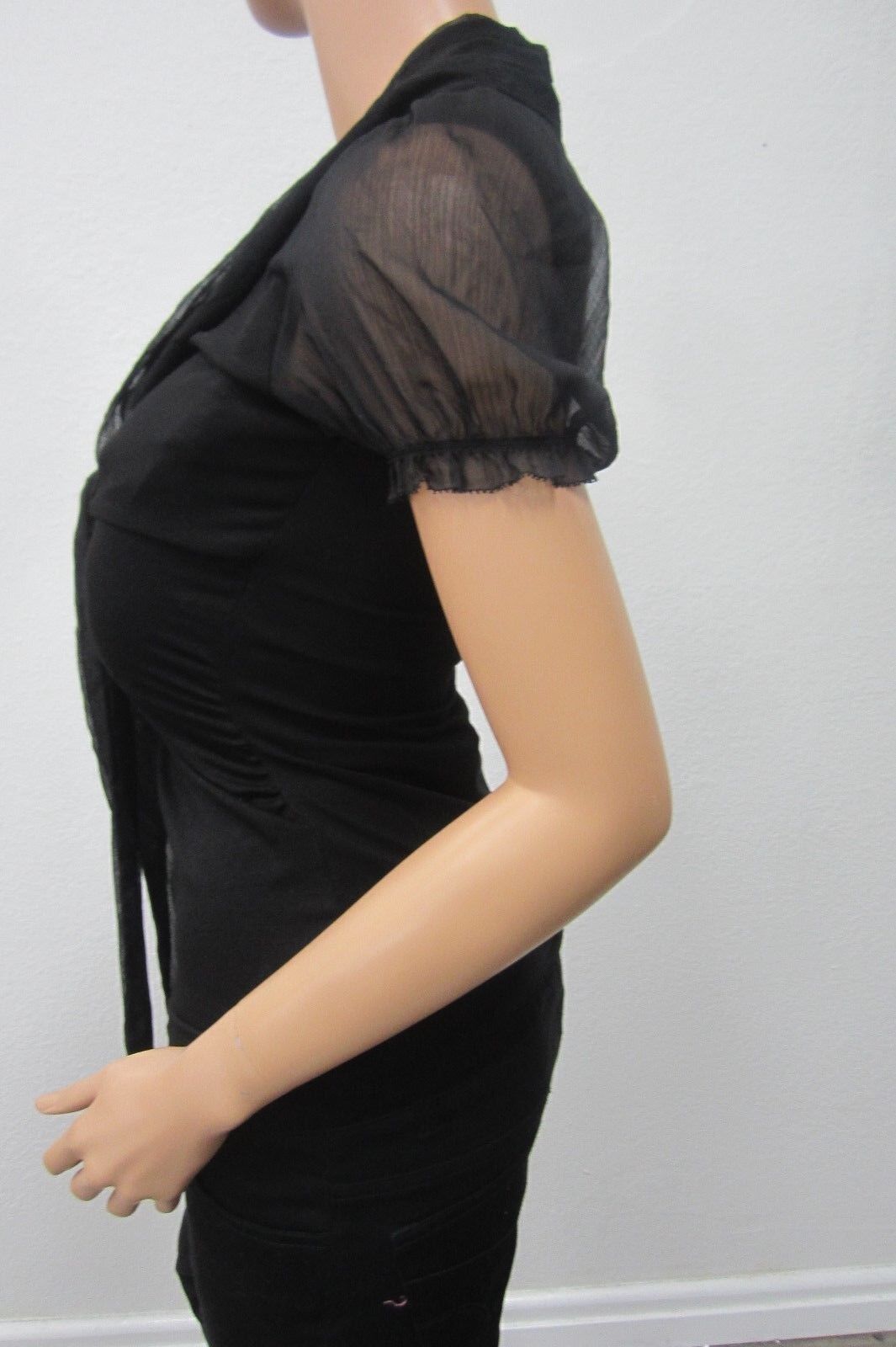 CUTE White House Black Market Womens Short Sleeve Black Semi Sheer Top Size XXS