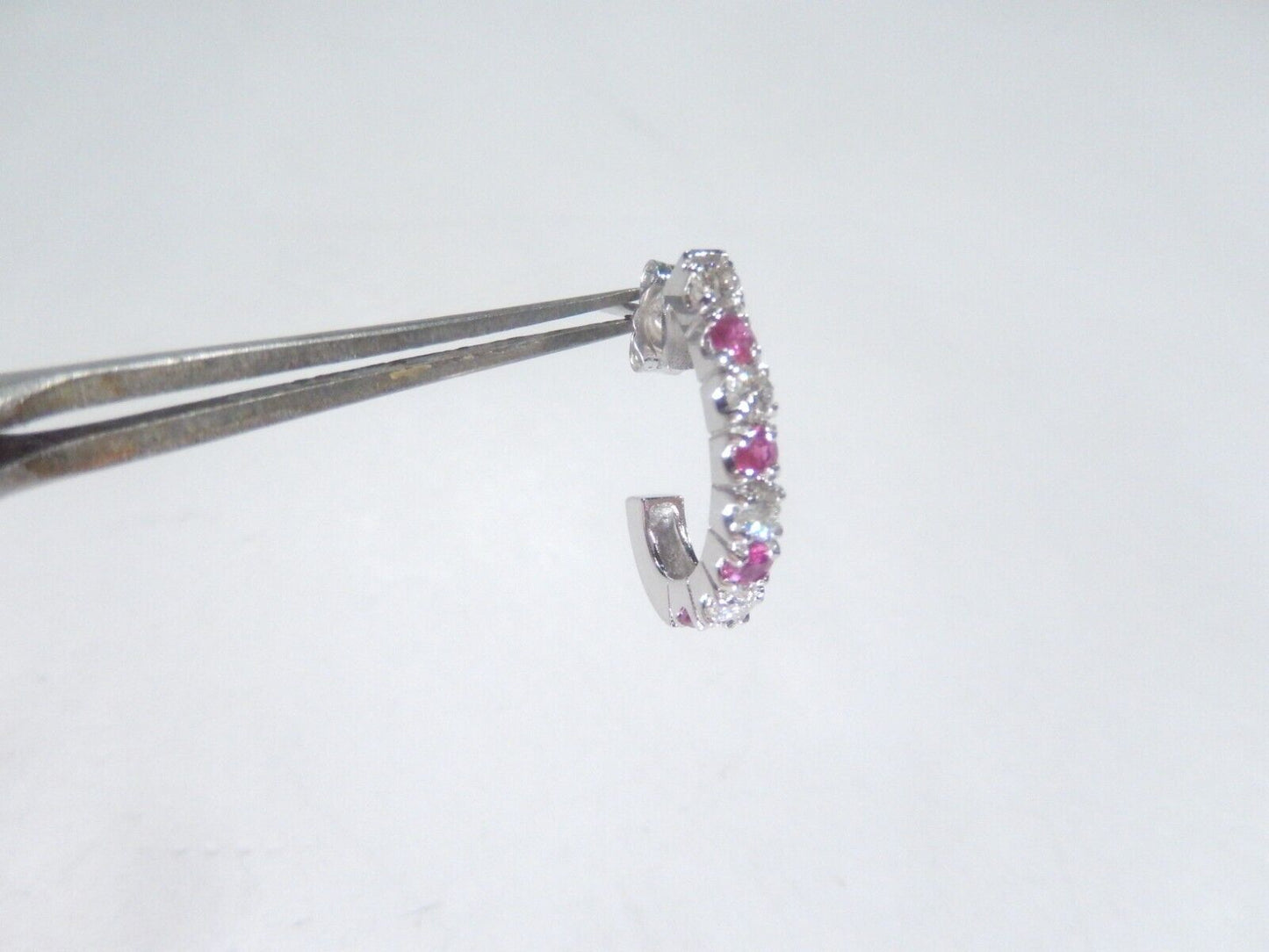 14K White Gold .50CT Natural Ruby & Diamond J Hoop Earrings