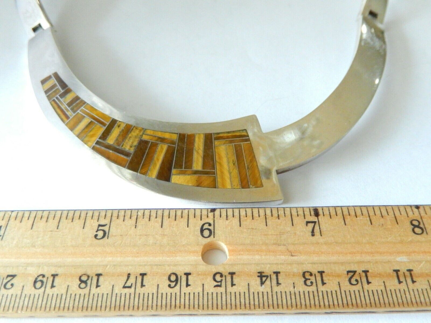 *VINTAGE*  Taxco Mexico Sterling Silver Tigers Eye Hinged Choker Collar Necklace