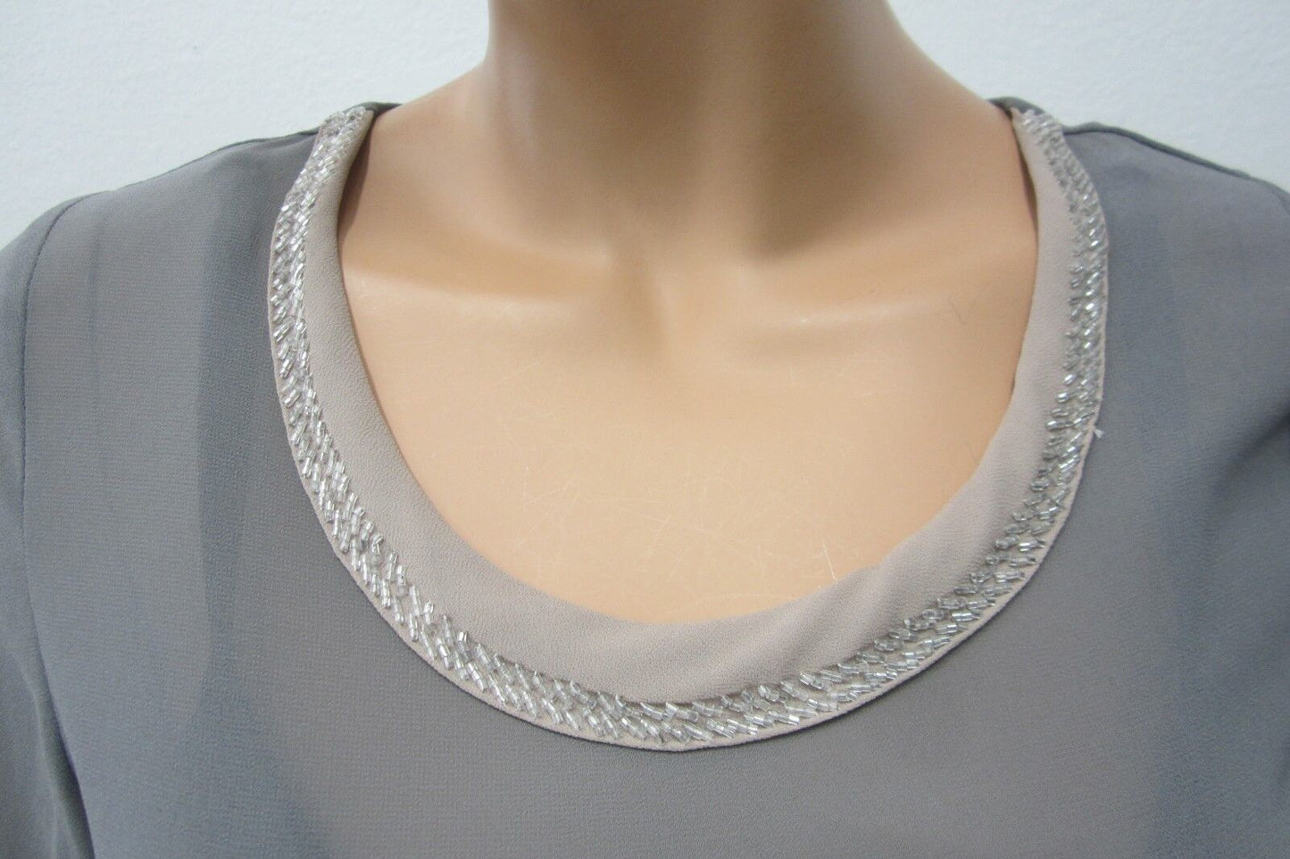 AUDREY ANN SUPER CUTE Women's Grey Sheer w/ Silver Beaded Collar Blouse Top S